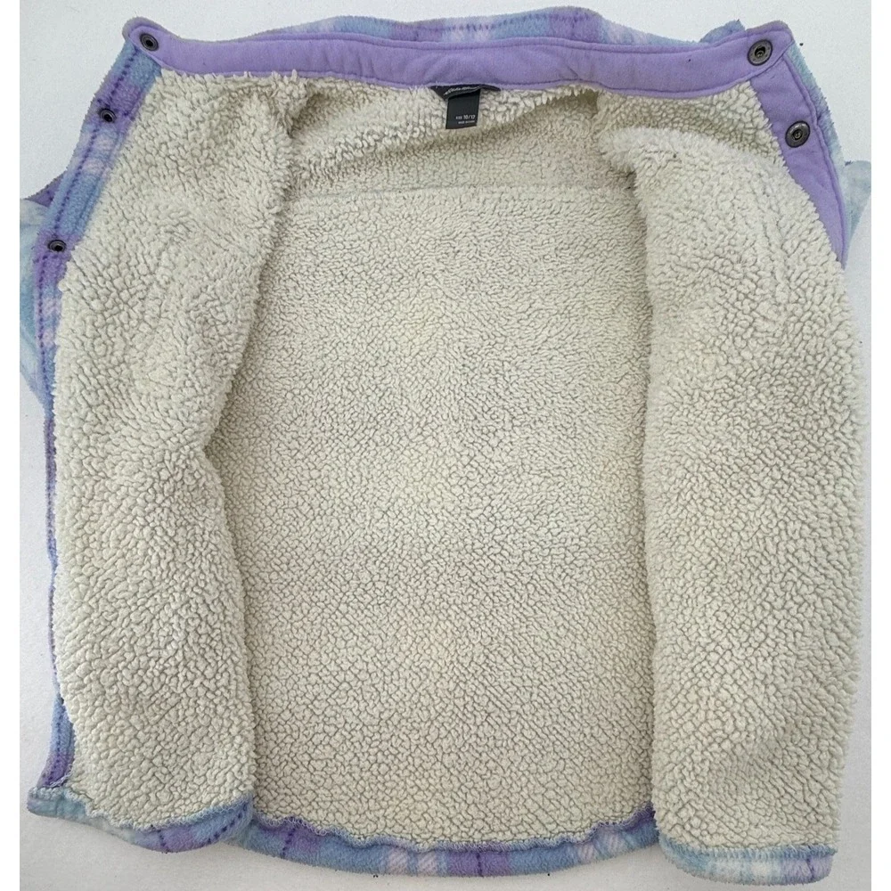 Eddie Bauer Girls 10 12 Sherpa Lined Flannel Jacket Plaid‎ Snap Cozy Warm